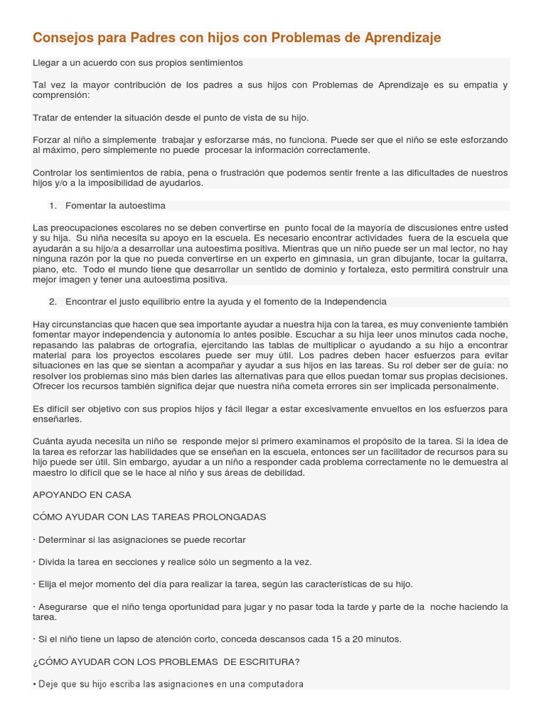 Consejos para Padres Con Hijos Con Problemas de Aprendizaje | PDF ...