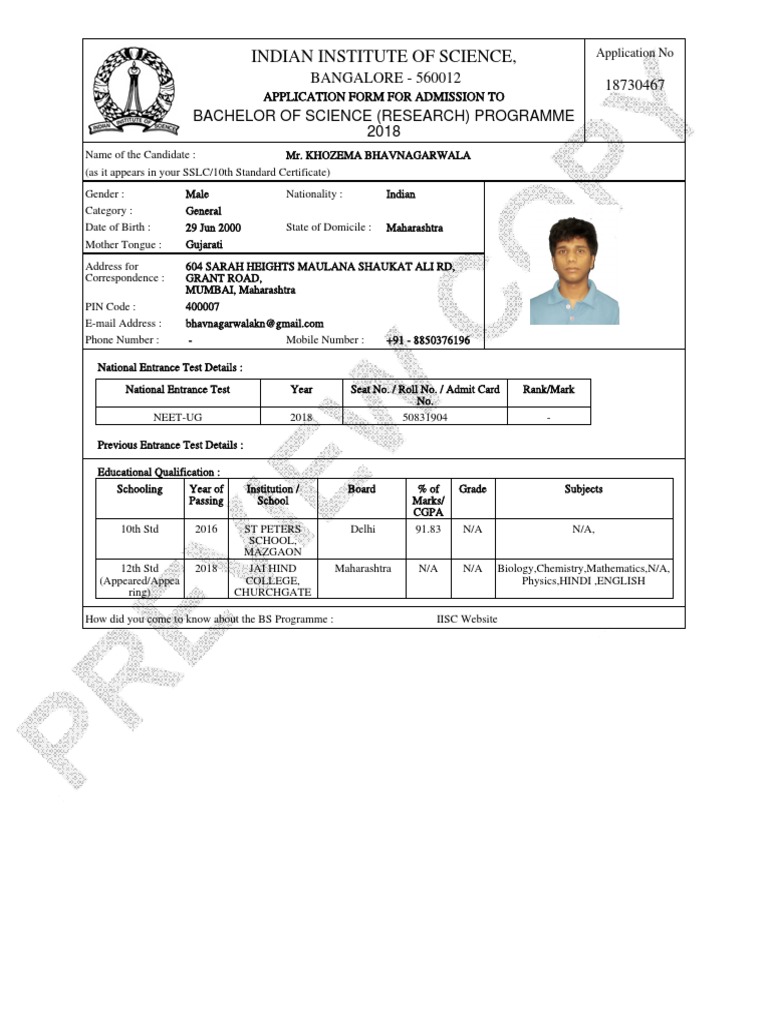 IISC Bachelor of Science Admission Form | PDF | Qualifications ...