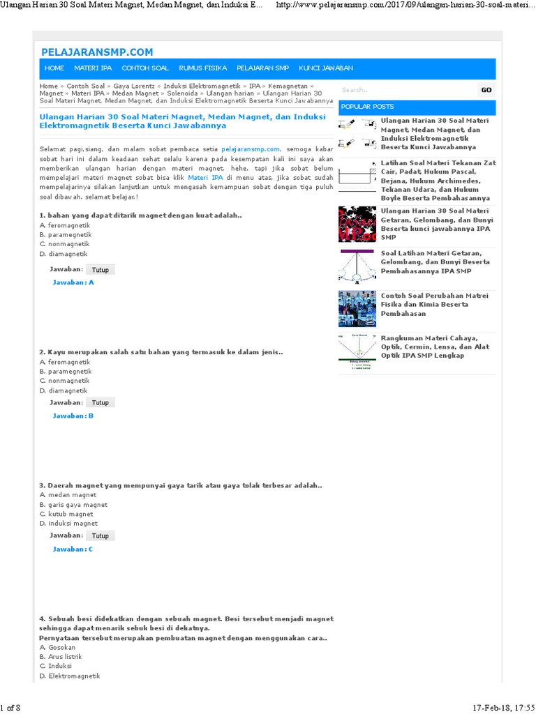 Ulangan Harian 30 Soal Materi Magnet Medan Magnet Dan Induksi Elektromagnetik Beserta Kunci Jawabannya
