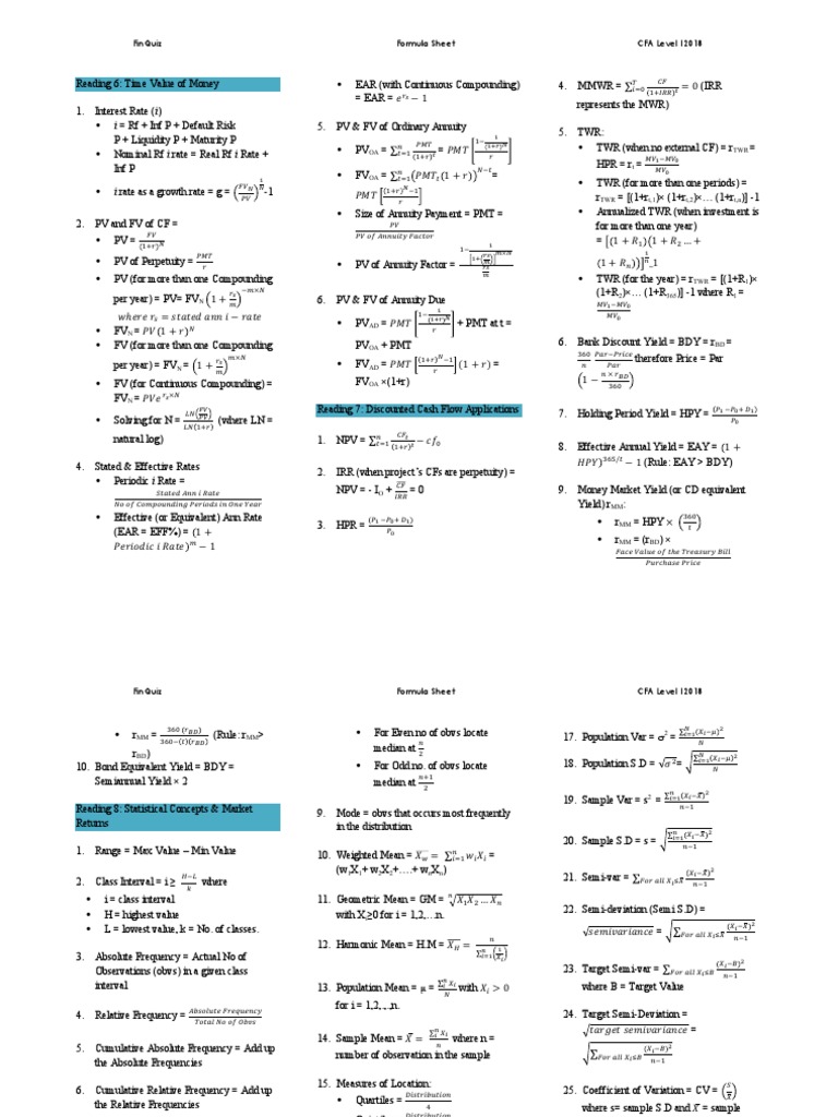 Formula Sheet PDF Standard Error Normal Distribution