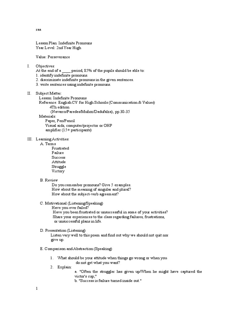 29419512 Lesson Plan Perseverance Doc Grammatical Number Pronoun