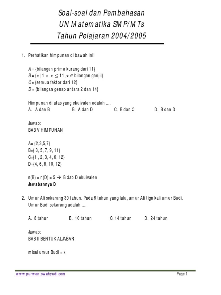 Soal Soal Dan Pembahasan Un Matematika Smp 2005