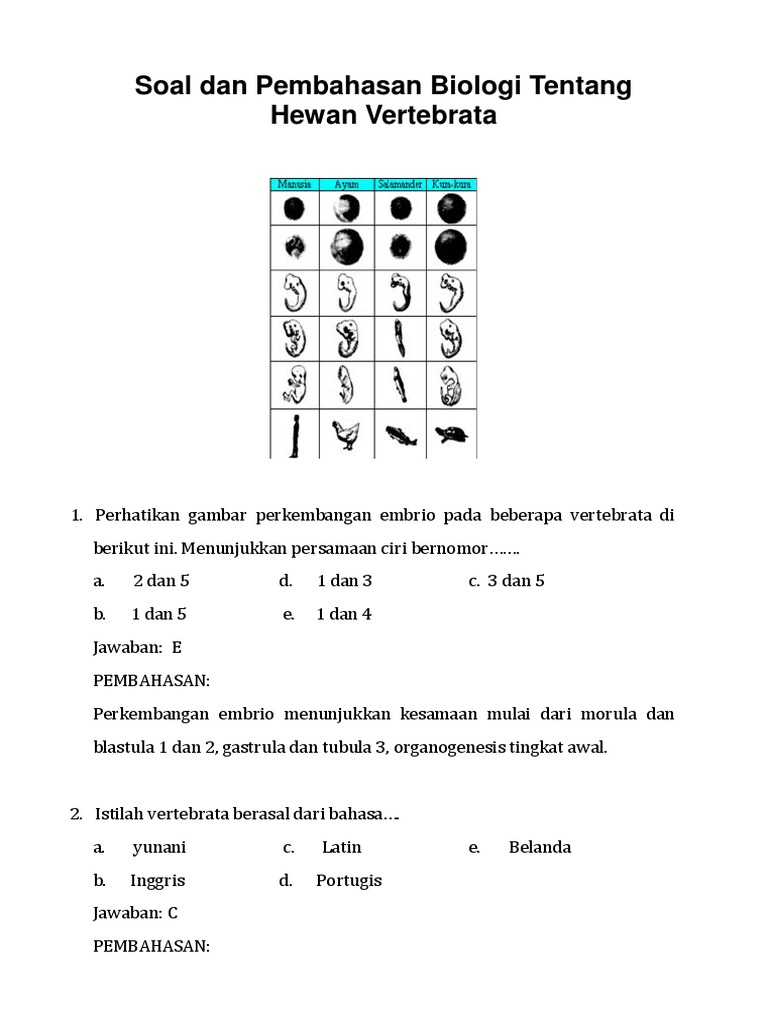 Soal Dan Pembahasan Biologi Tentang Hewan Vertebrata
