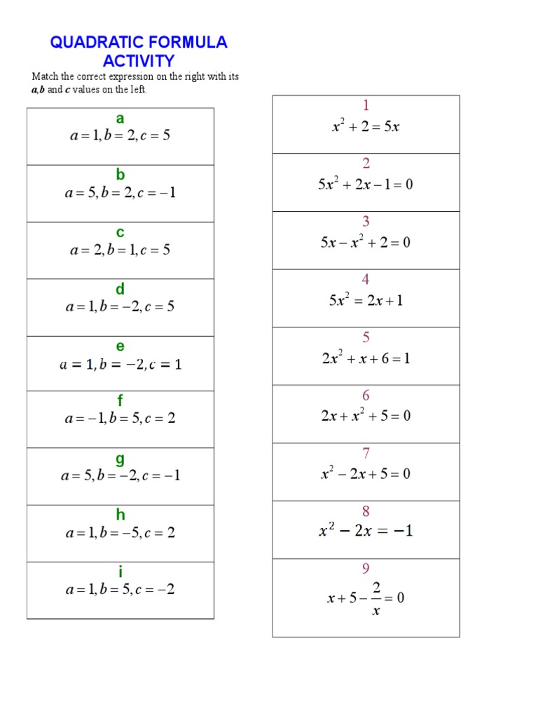 Quadratic Formula Matching Activity | PDF | Teaching Methods & Materials
