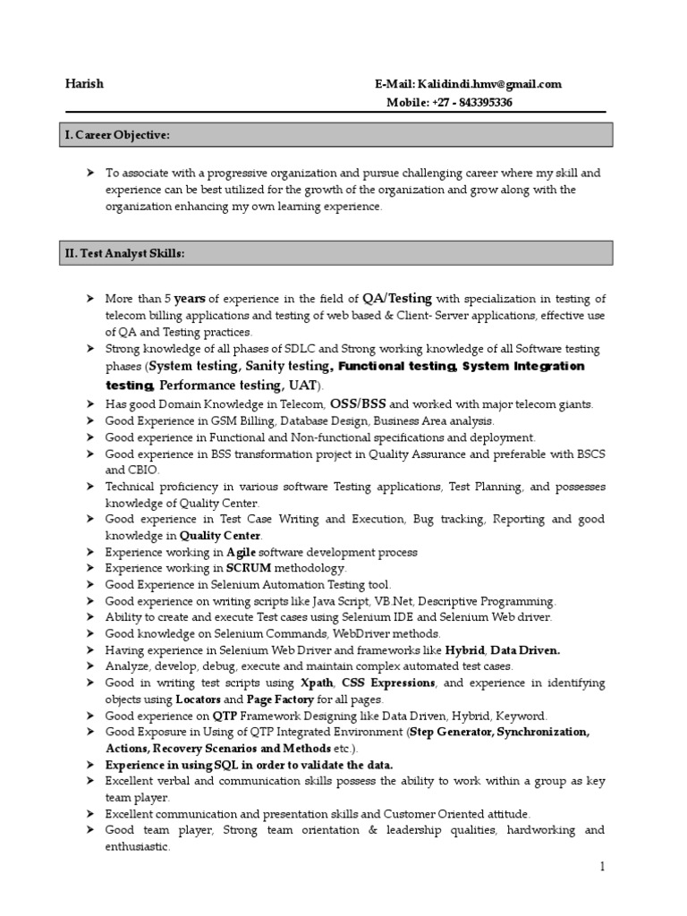 Experienced Test Analyst Resume | PDF | Selenium (Software) | Software ...