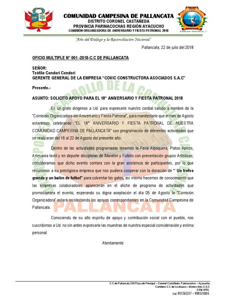 Oficio de Patrocinio Deportes Recreación