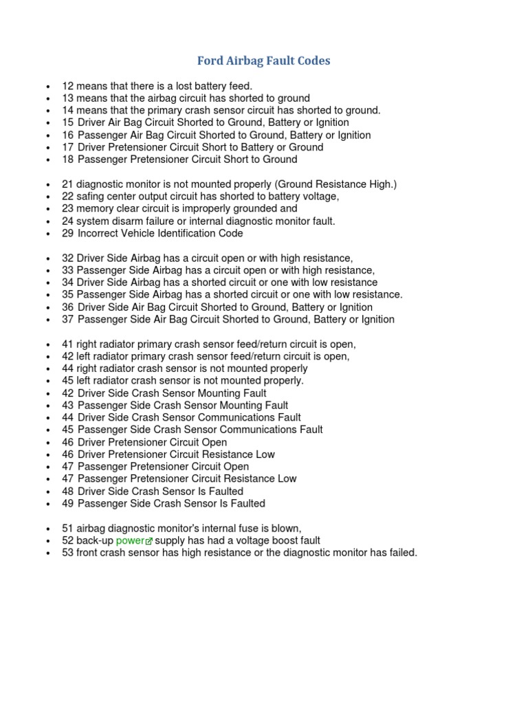 Ford Airbag Fault Codes List | PDF | Airbag | Manufactured Goods