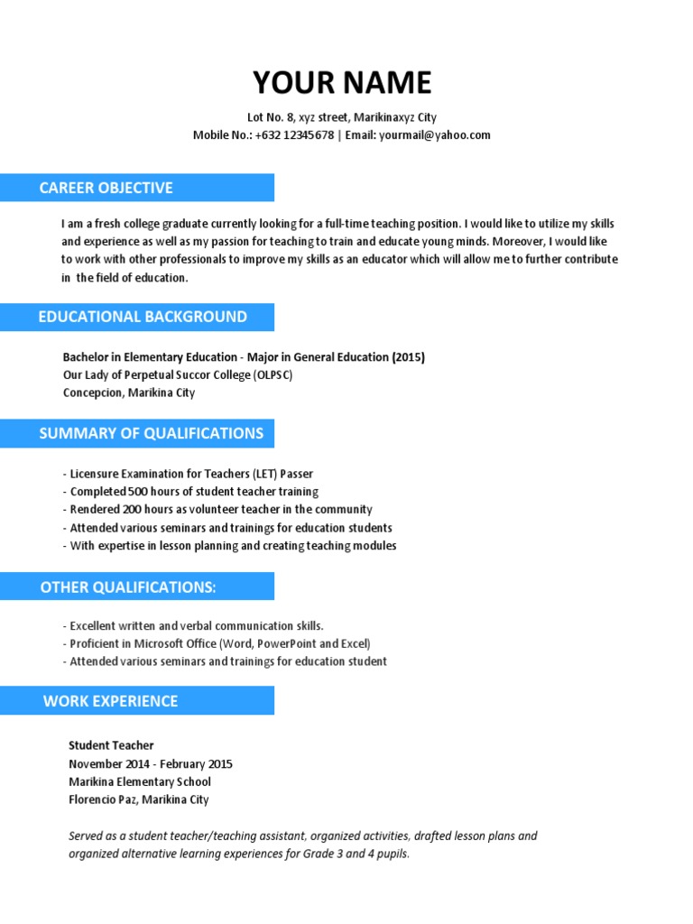 Sample Resume For Teachers Without Experience 1 | PDF | Volunteering