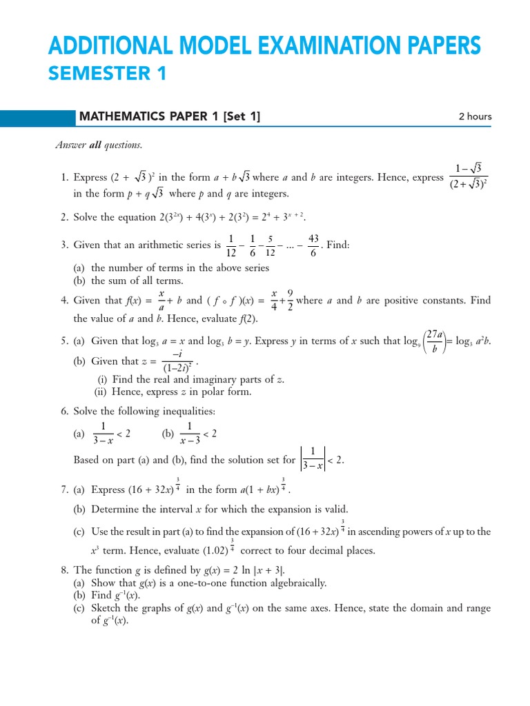 Mathematics Model Exam Paper 1 | PDF | Matrix (Mathematics) | Equations
