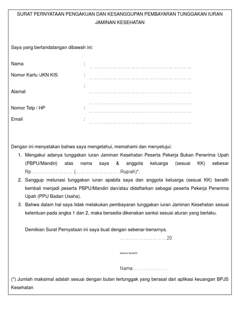 Surat Peryataan Sanggup Membayar Tunggakan Iuran Bpjs