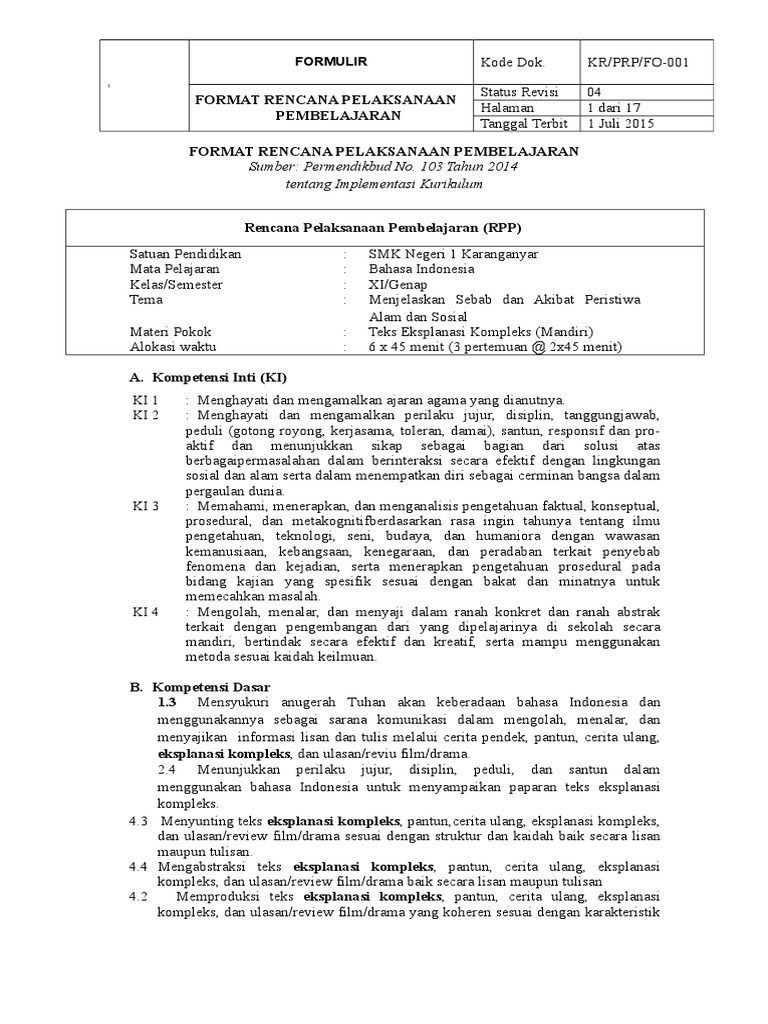 Rpp Teks Eksplanasi Kelas Xi Kurikulum 2013 Revisi