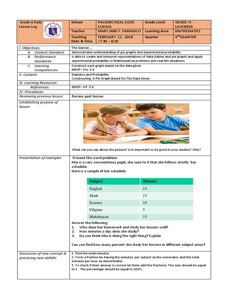 Grade 6 Pie Graph Lesson Plan | PDF | Fraction (Mathematics) | Probability