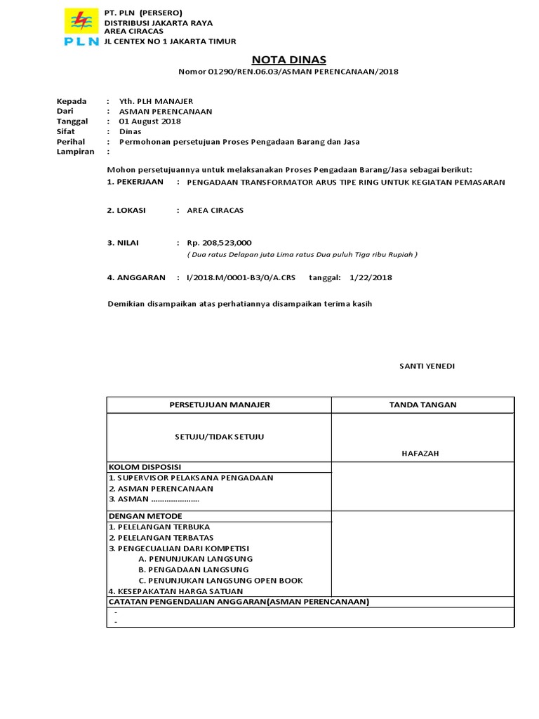 Nota Dinas Pengadaan Barang PLN | PDF