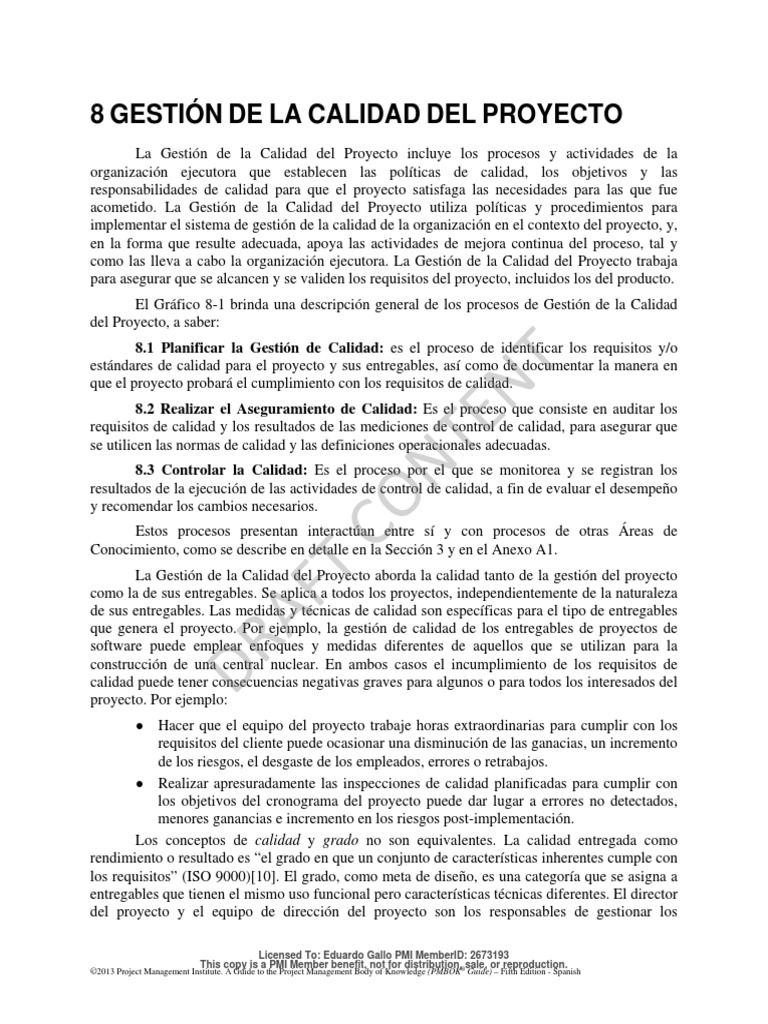 Gestión de Calidad de Un Proyecto (PMBOK 5ta Ed.) | PDF | Gestión de la ...