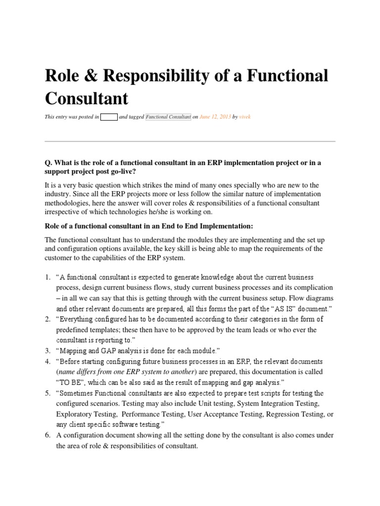Functional Consultant Roles and Responsibilities | PDF | Enterprise ...