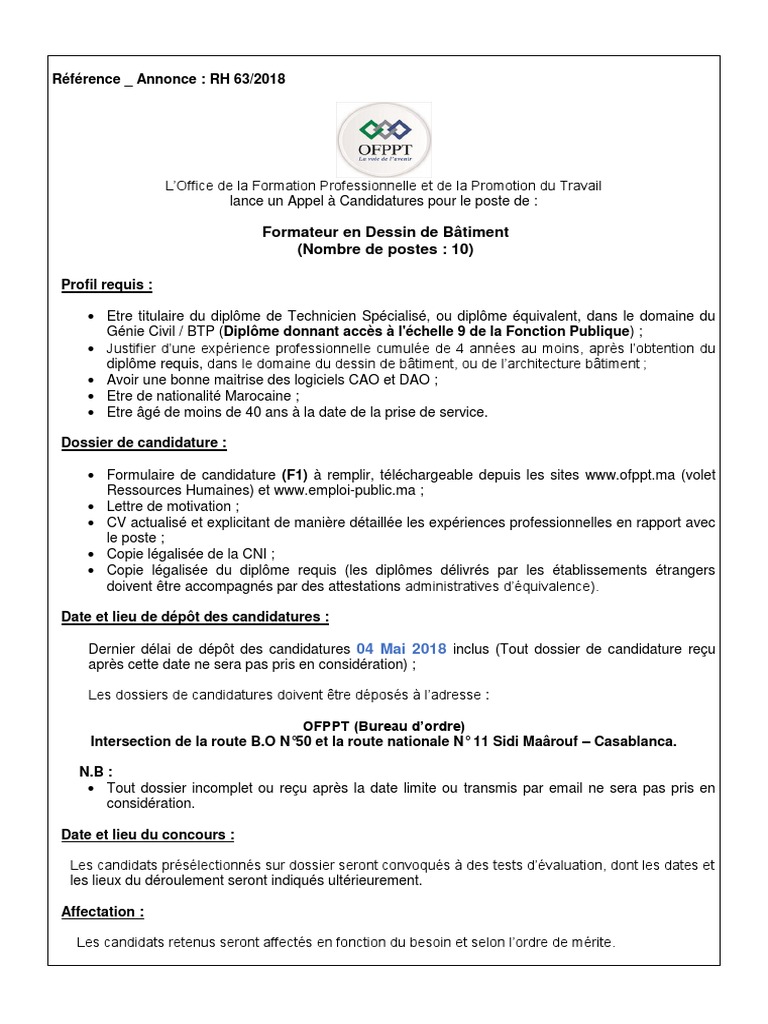 Lettre De Motivation Formateur Ofppt Maroc