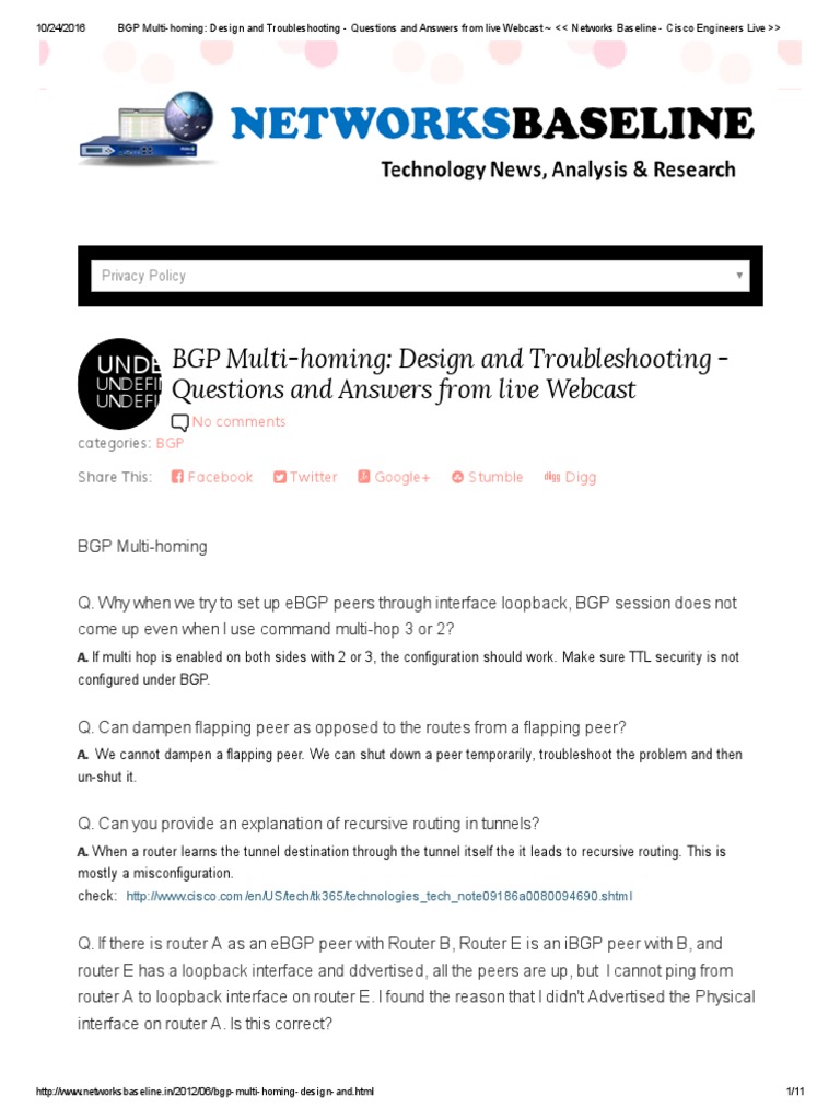 Bgp Multi Homing Design And Troubleshooting Questions And Answers From Live Webcast Networks Baseline Cisco Engineers Live Routing Router Computing