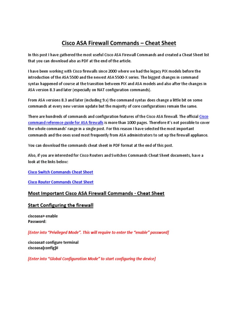 Cisco ASA Firewall Commands Cheat Sheet Ip Address Computer Network