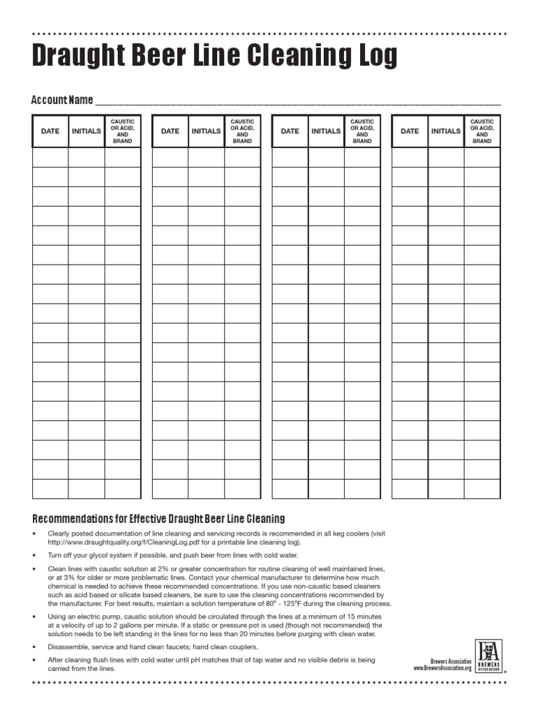Draught Beer Line Cleaning Log Template | PDF | Beer | Water