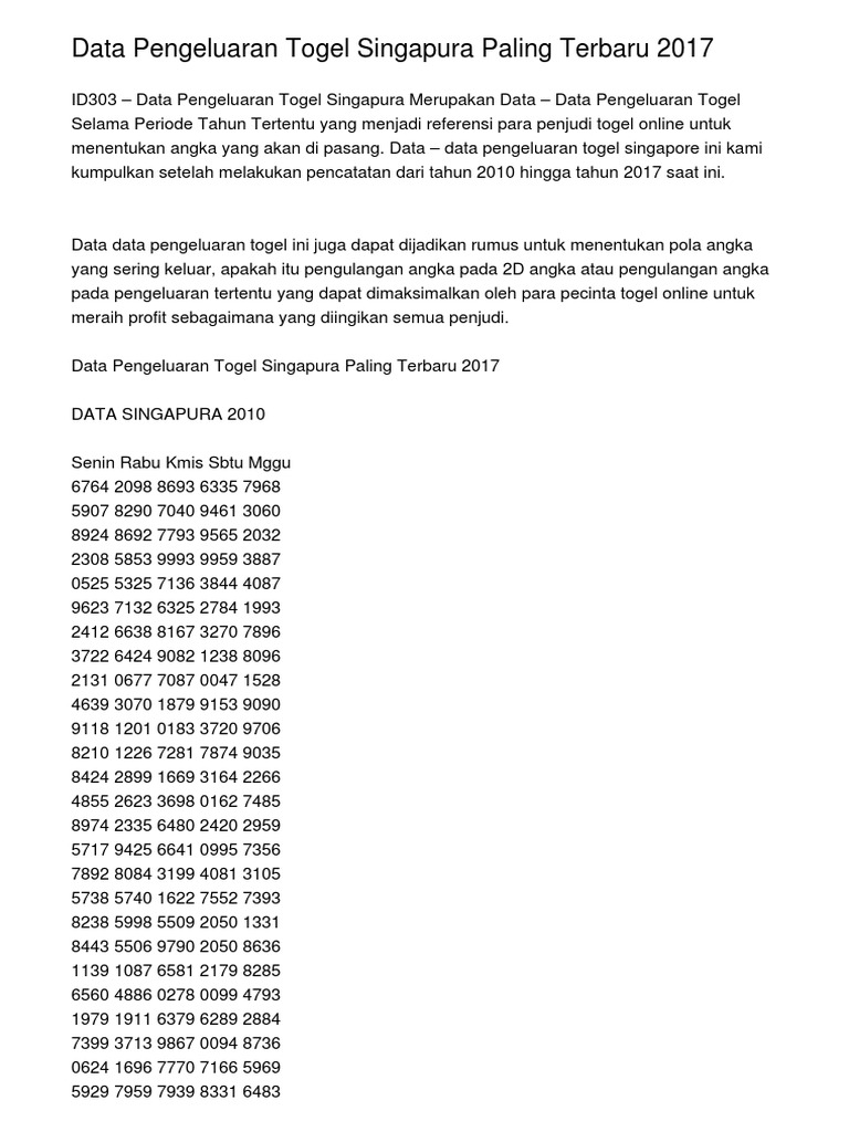 Data Pengeluaran Togel Singapura Paling Terbaru 2017 | Pdf