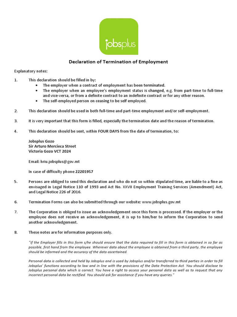 Termination of Employment Declaration | PDF | Personally Identifiable ...