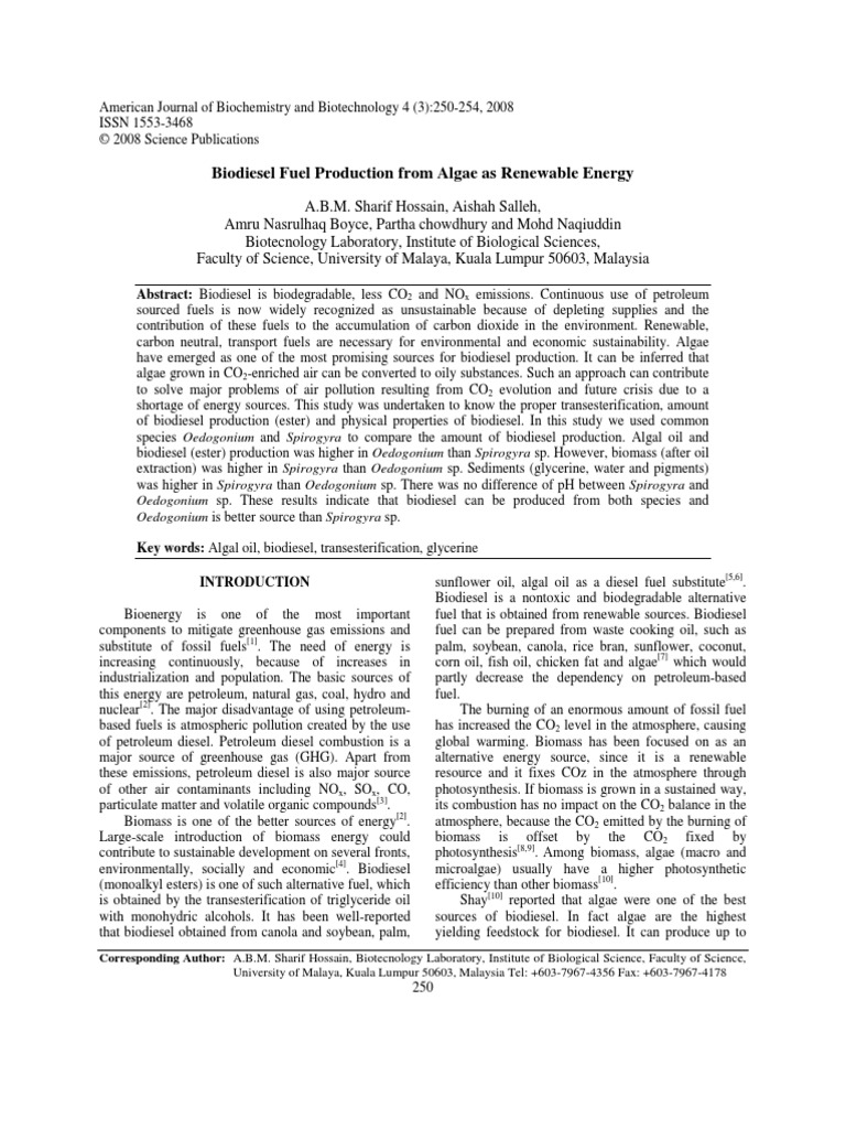 Biodiesel Fuel Production From Algae As Renewable Energy | PDF