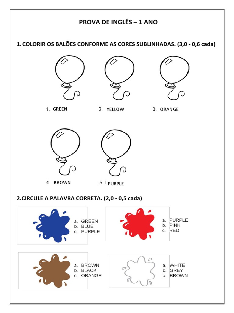 Prova de Inglês: Cores - 1º Ano | PDF