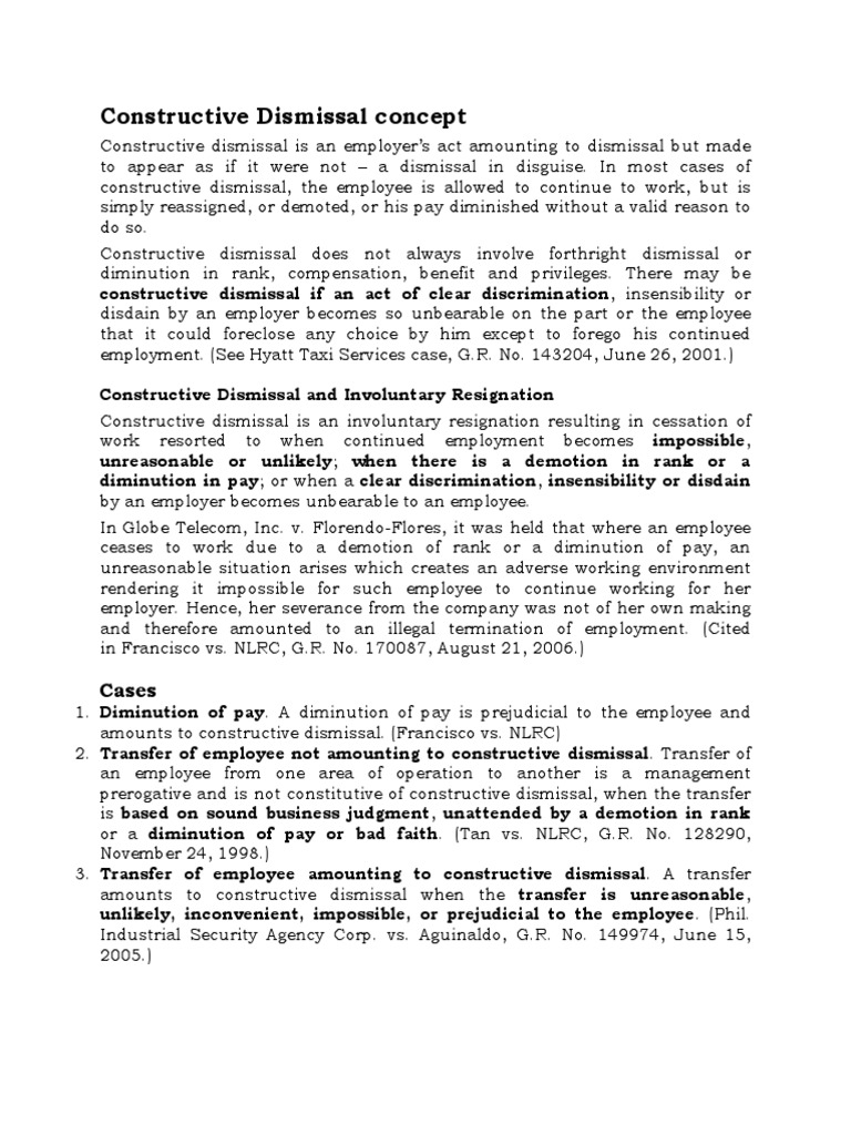 Constructive Dismissal Concept Cases PDF Employment Salary