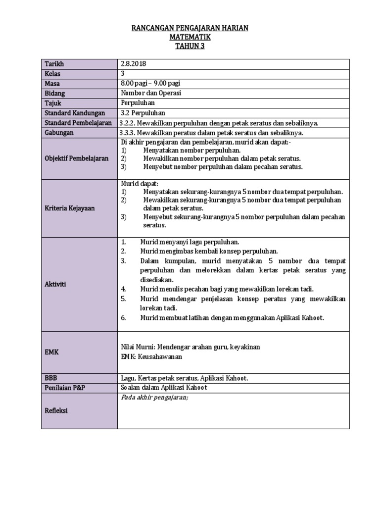 Contoh Rph Matematik Tahun 3 Kssr Semakan Pdf