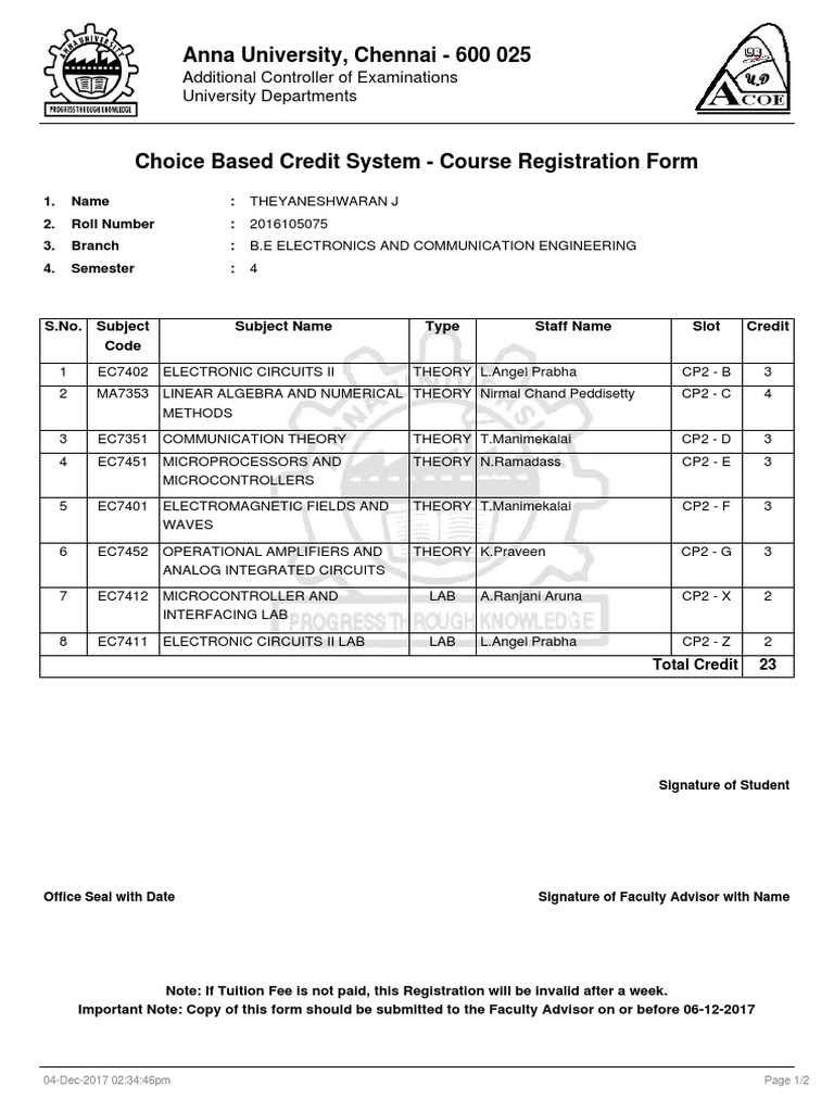 Anna University Course Registration Form | PDF | Electronics | Computer ...