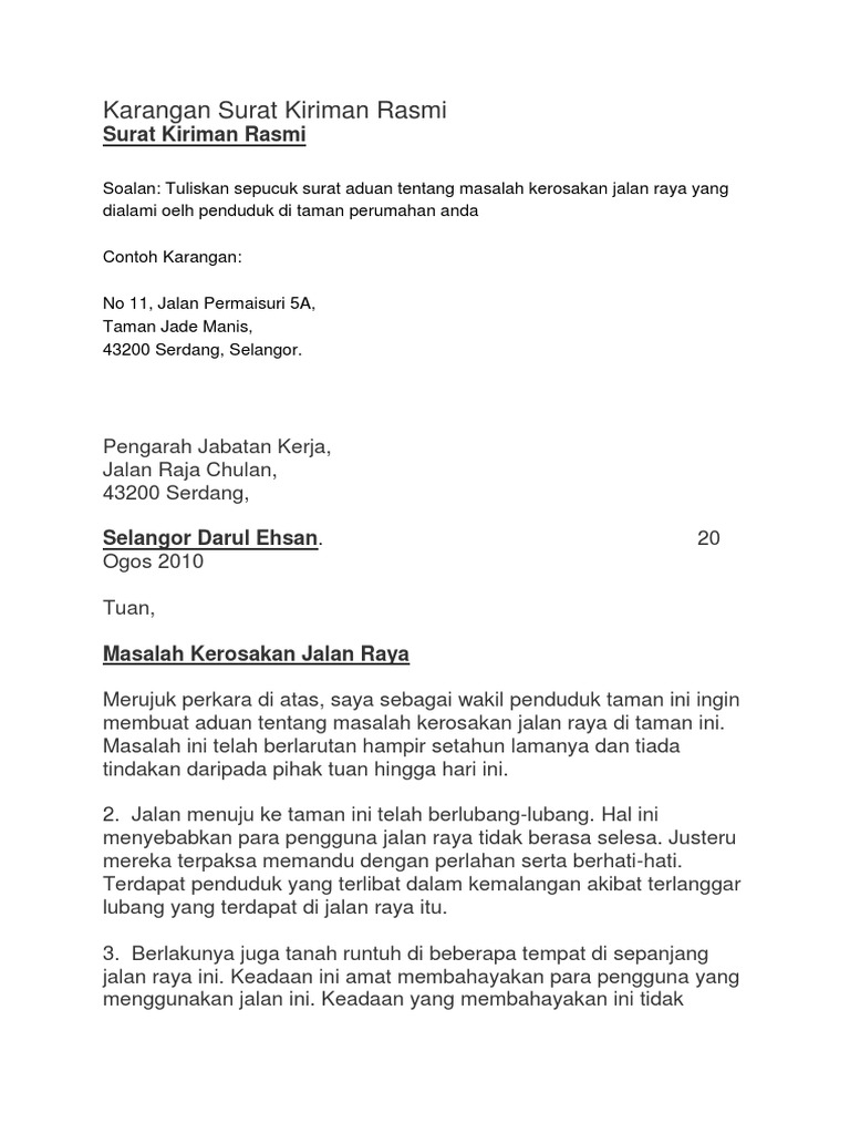 Surat Aduan Pembetungan Jalan Jkr