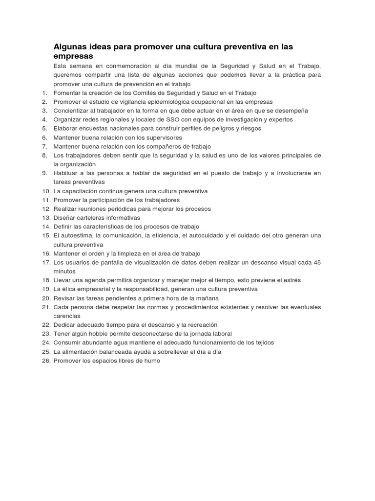 Algunas Ideas para Promover Una Cultura Preventiva en Las Empresas | PDF