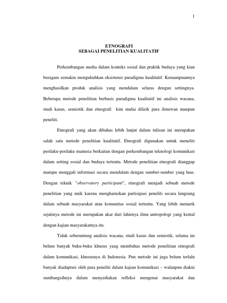 Tinjauan Ringkas Etnografi Sebagai Metode Penelitian Kualita Pdf