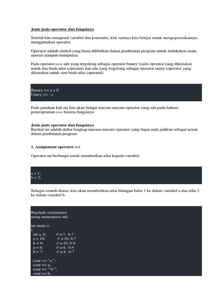 Jenis Jenis Operator Dan Fungsi Pada C++ | PDF