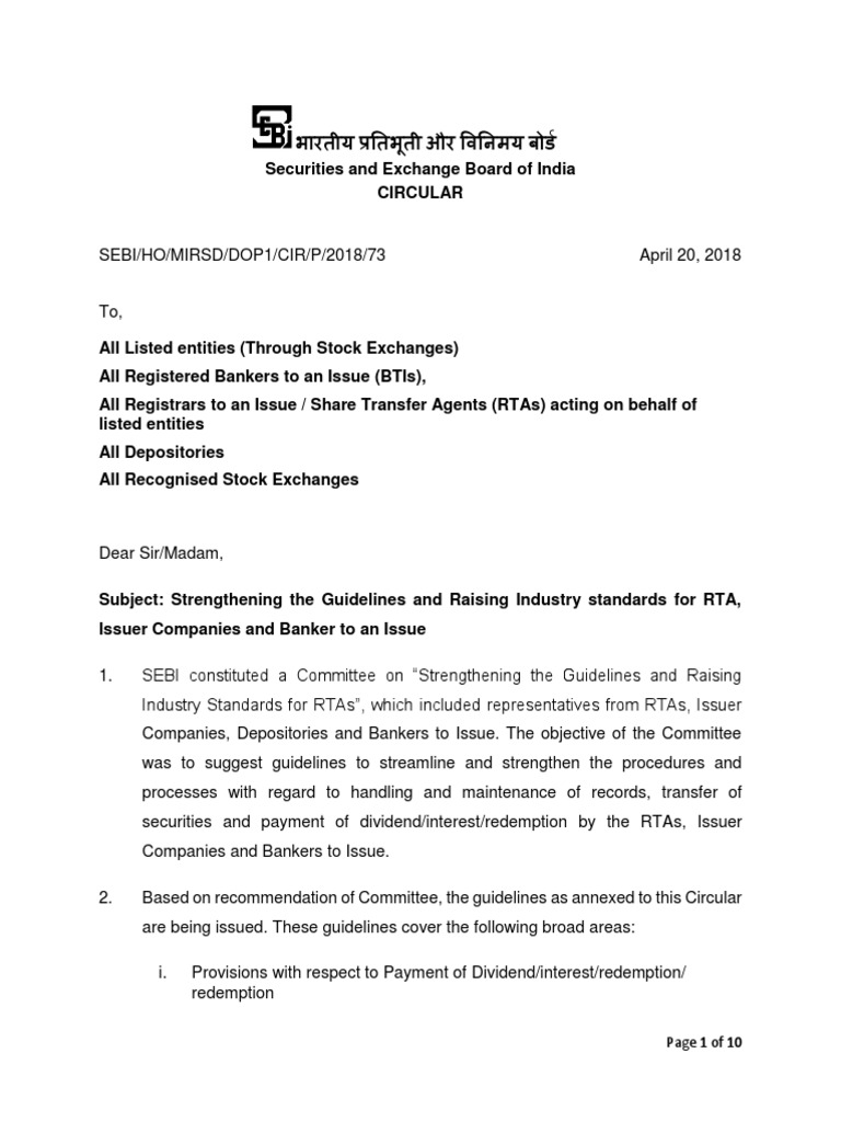 SEBI Guidelines for RTAs and Issuers | PDF | Securities (Finance) | Cheque