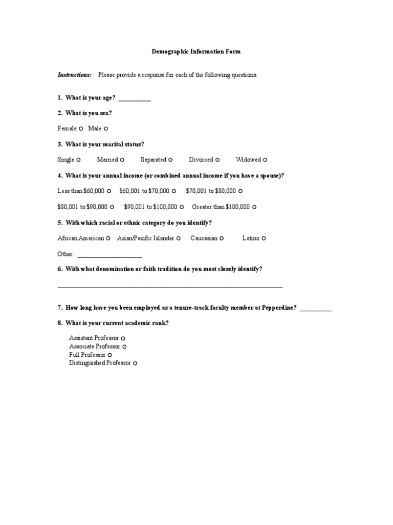 Pepperdine Demographic Info Form | PDF | Professors In The United ...