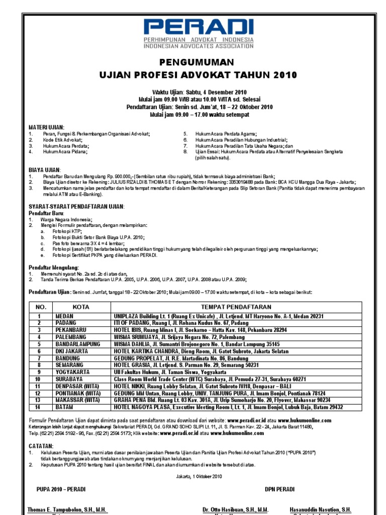 Ujian Profesi Advokat PERADI Okt 2020 Ujian Profesi Advokat PERADI Okt 2020