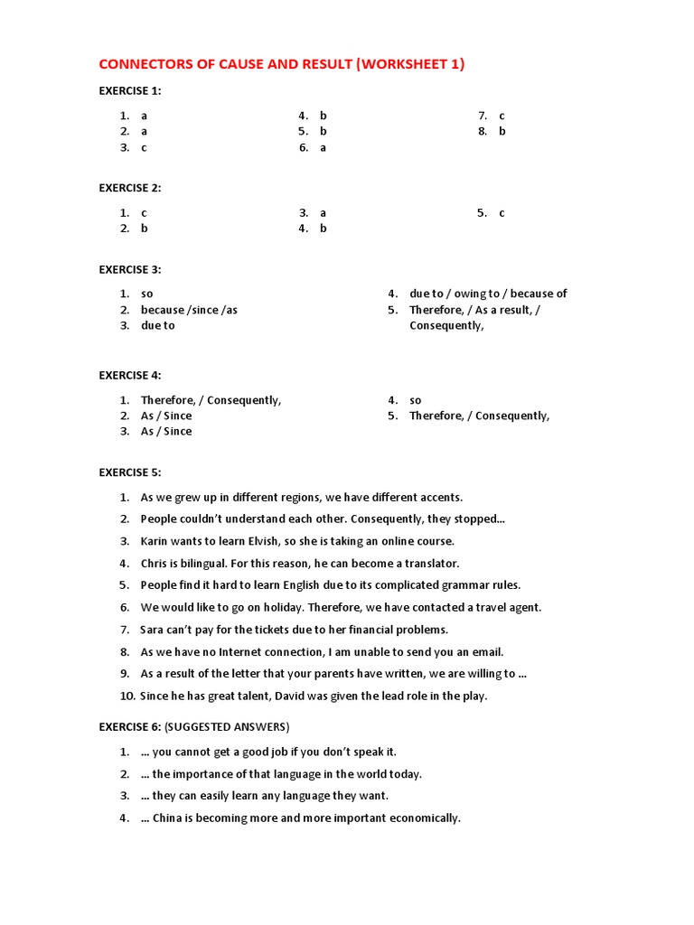 Cause and Effect Connectors Worksheet | PDF | Human Communication ...