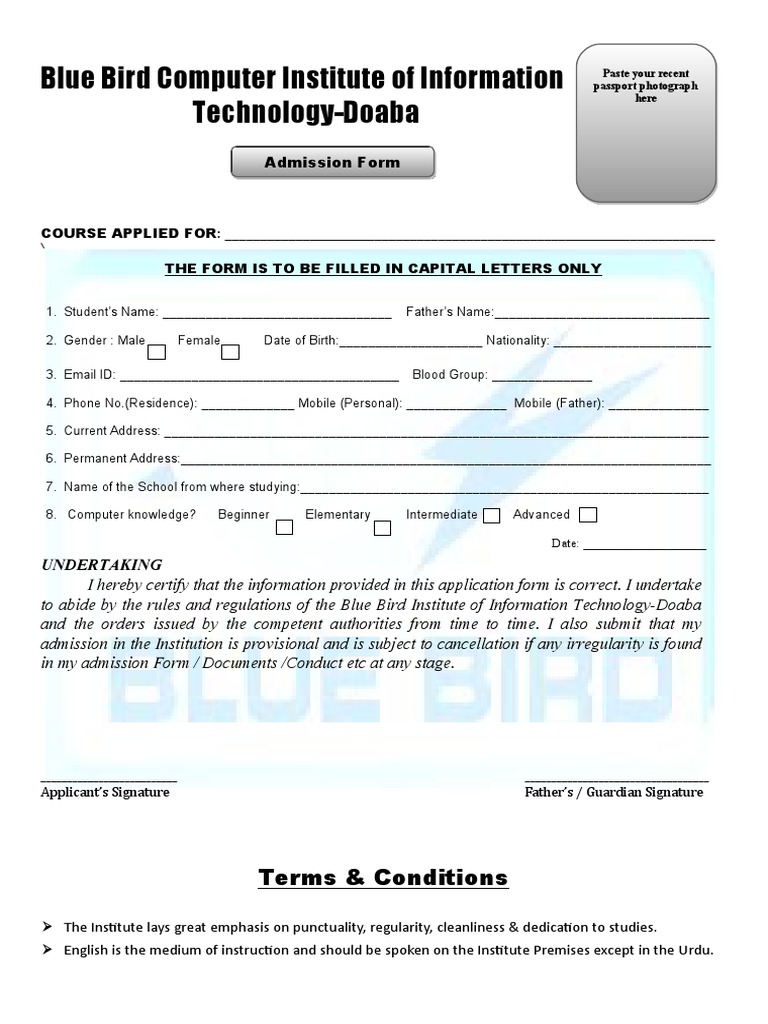 Blue Bird Admission Form | PDF | Government