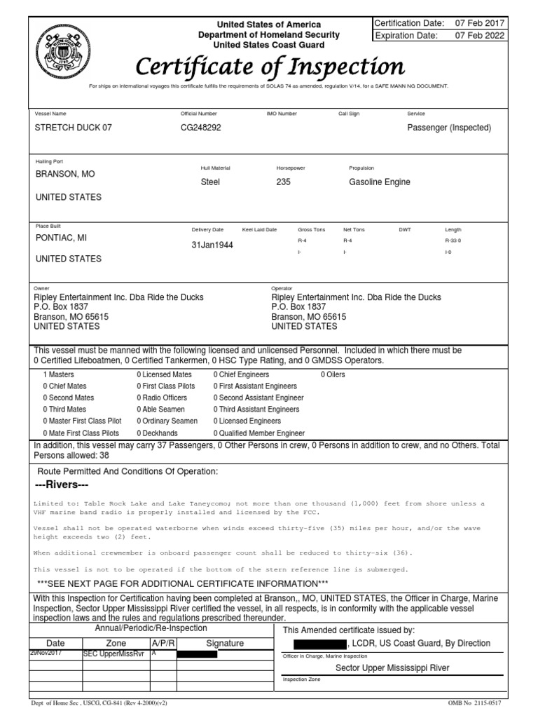 Stretch Duck 07 USCG Inspection Certificate | PDF | Sailor | United ...