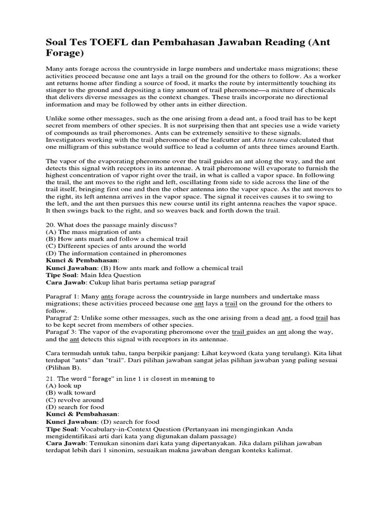 Soal Tes Toefl Dan Pembahasan Jawaban Reading Pdf Ant Pheromone