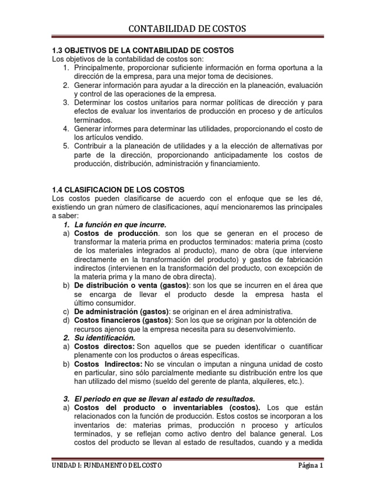 1.3 Objetivos De La Contabilidad De Costos Costo