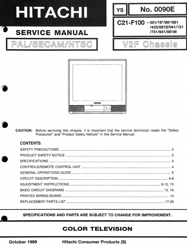 Hitachi C21 F100 Flat Screen Television - Service Manual