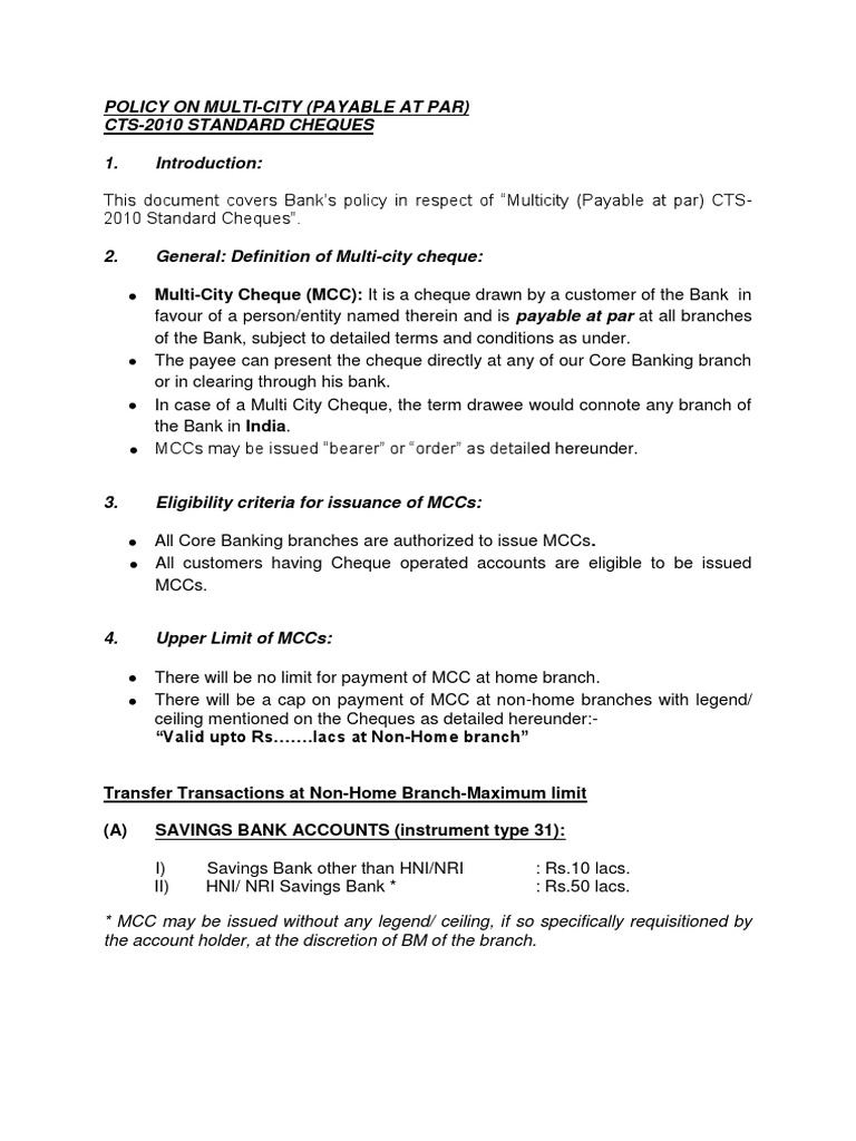 Policy On Multi City Cheque PDF PDF Cheque Payments