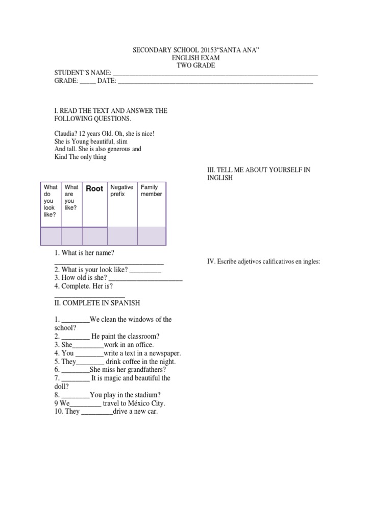 Examen de Inglés 2° Secundaria 2024 | PDF | Ocio