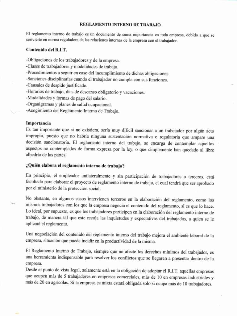Reglamento Interno de Trabajo en Colombia | PDF | Regulación | Derecho ...