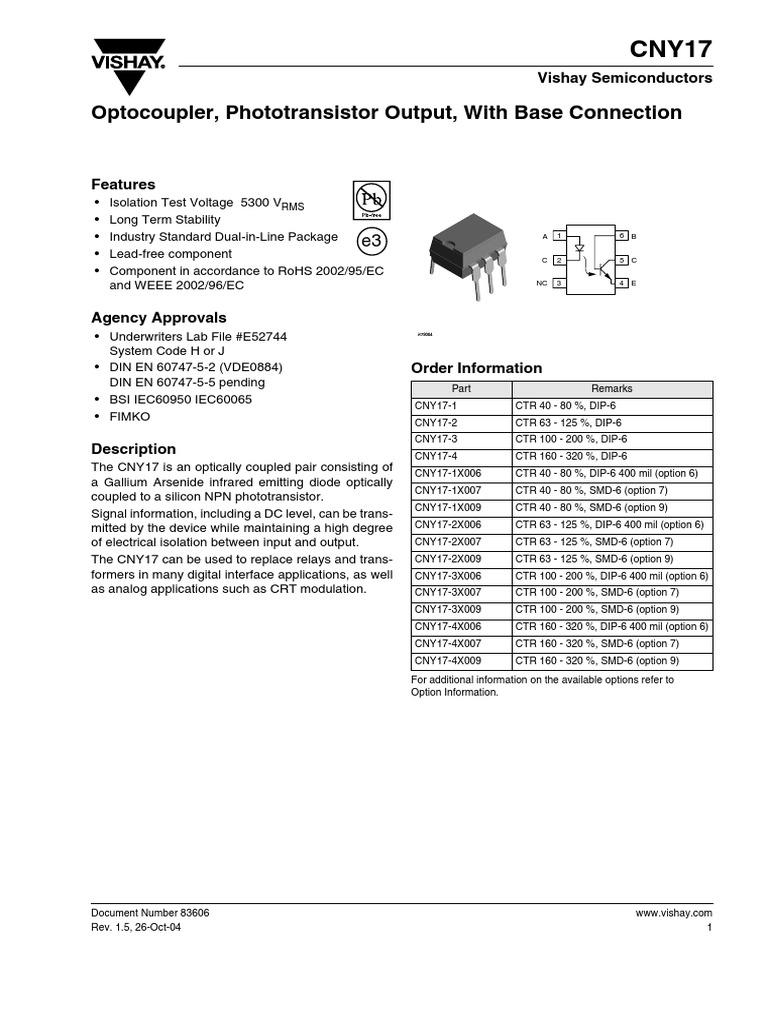 Optocoupler, Phototransistor Output, With Base Connection Vishay