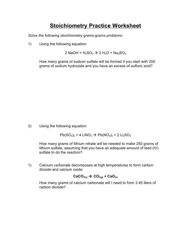 Stoichiometry Practice Problems Worksheet | PDF | Stoichiometry ...