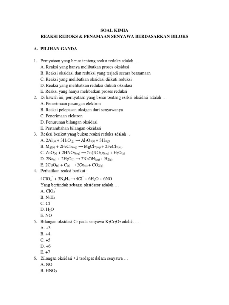 Soal Kimia Reaksi Redoks Penamaan Senyawa Berdasarkan Biloks Pdf