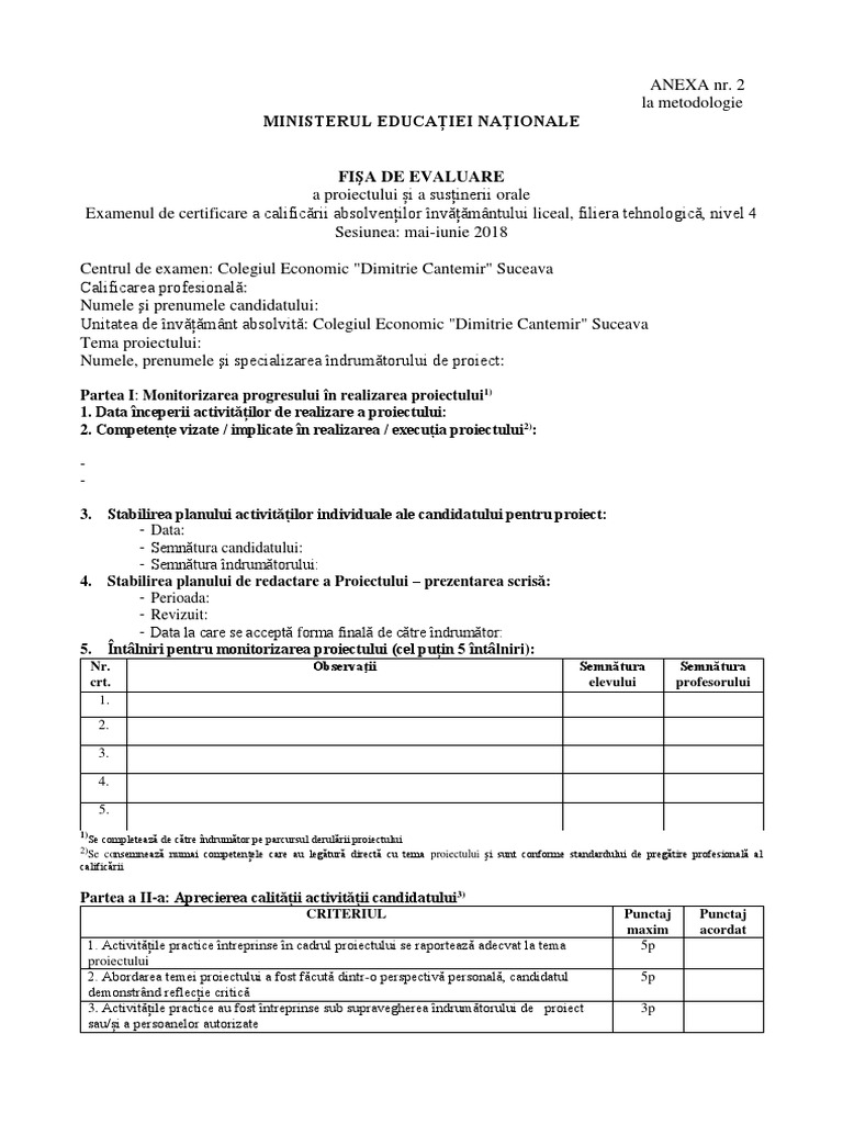 Fisa Evaluare Nivel 4 2018